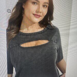 BloomChic Cotton Vintage Wash Neck Cut out Tshirt women's plus size